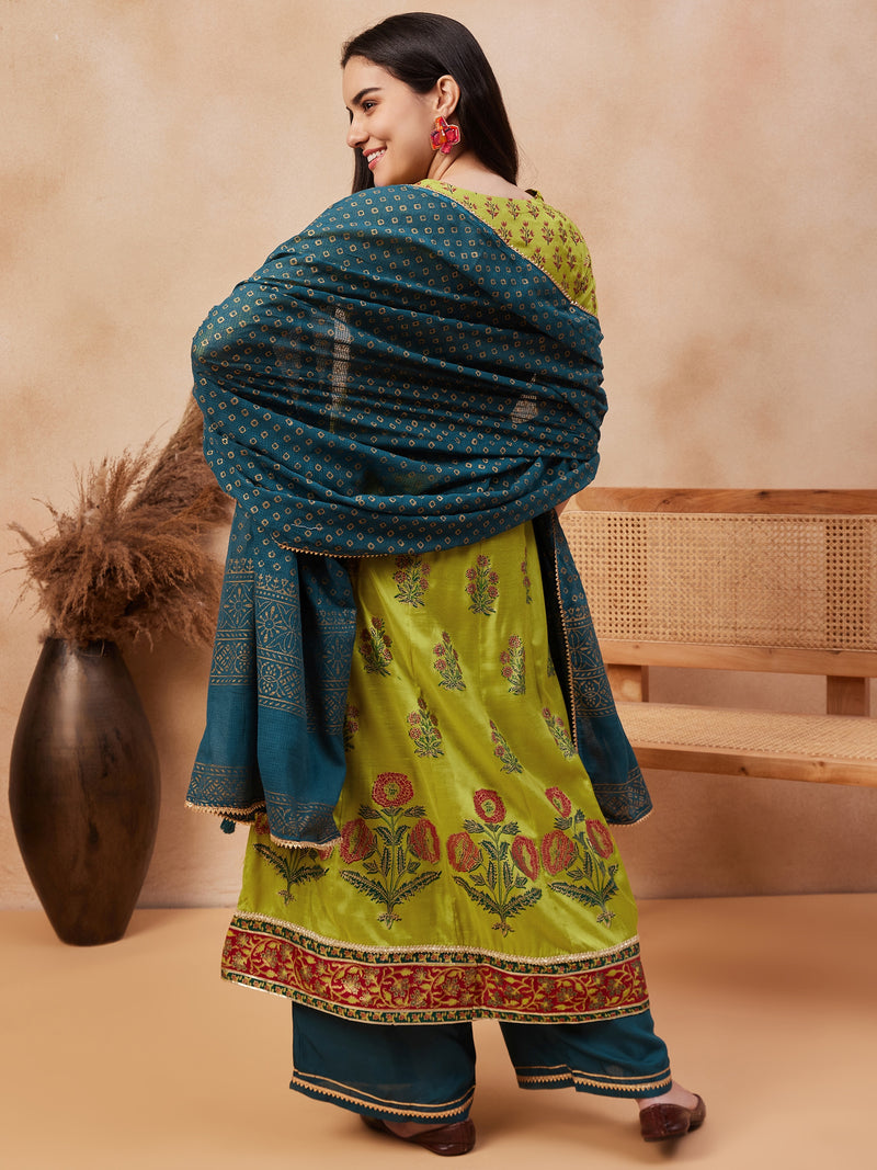 Green Floral Print Anarkali Kurta with Palazzo & Dupatta Kurta Set