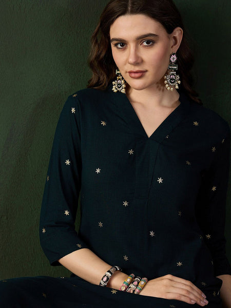 Teal Green Floral Printed V-Neck Straight Kurta With Trousers