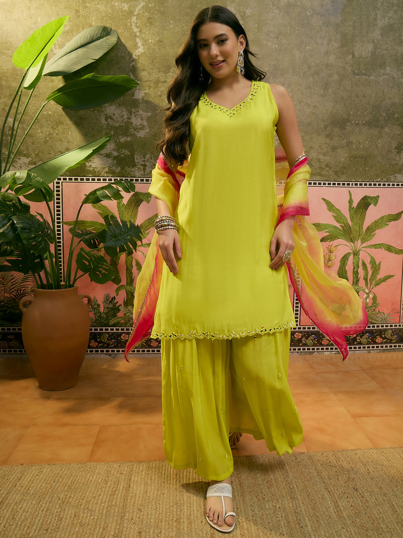 Floral Embroidered Sleevless Kurta With Sharara & Dupatta Kurta Set
