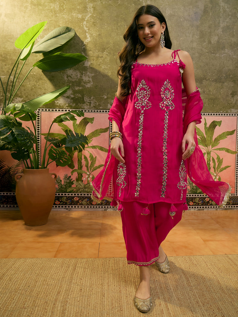 Floral Embroidered & Mirror Work Shoulder Strap Kurta With Trouser & Dupatta Kurta Set