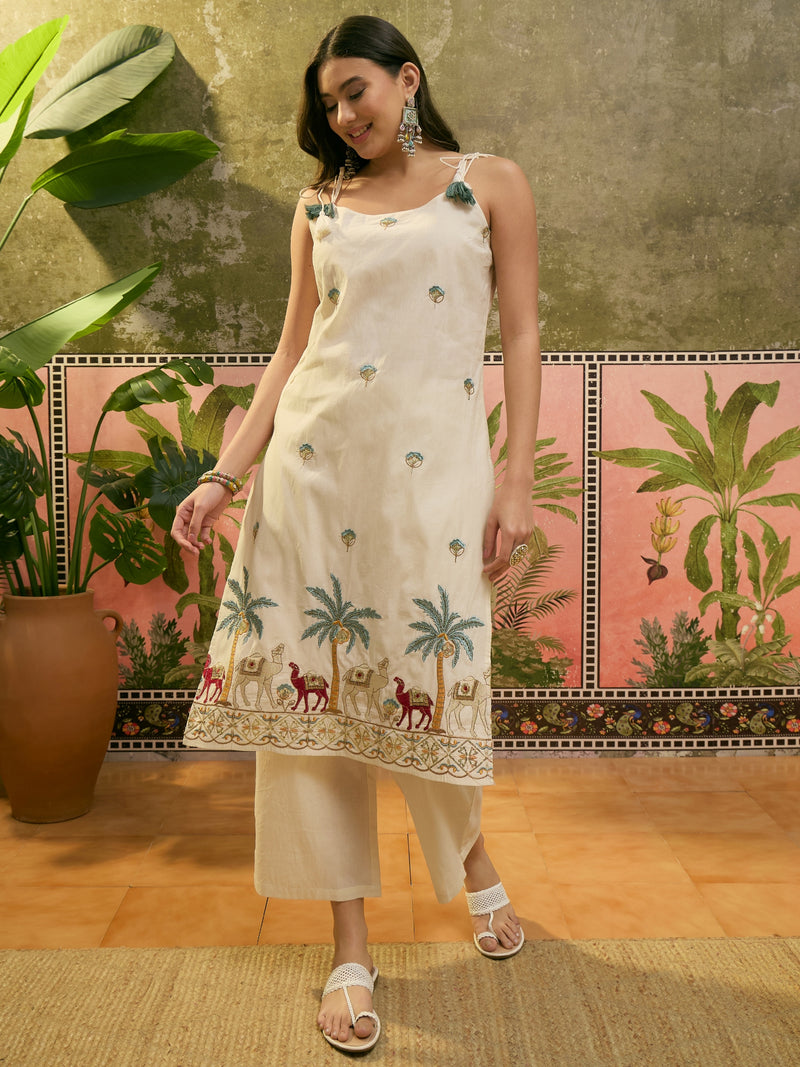Off White Floral Embroidered Shoulder Straps Kurta With Trouser & Dupatta Kurta Set