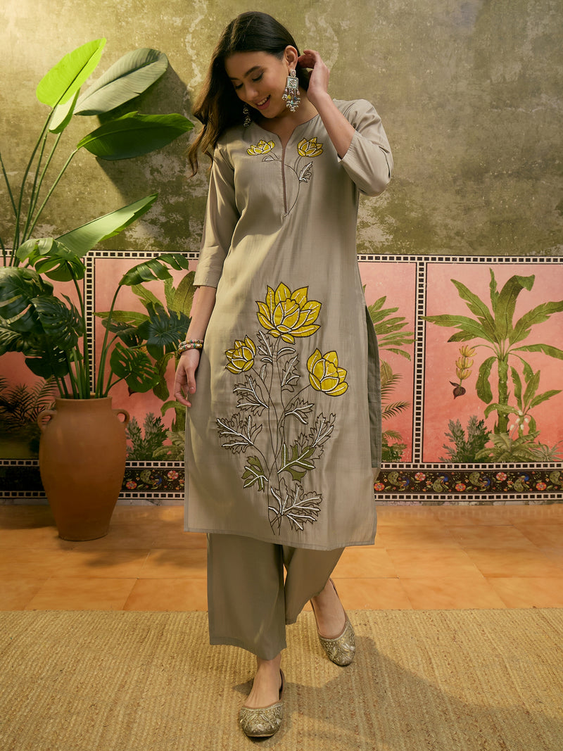 Floral Embroidered & Mirror Work Straight Kurta With Trouser & Dupatta Kurta Set