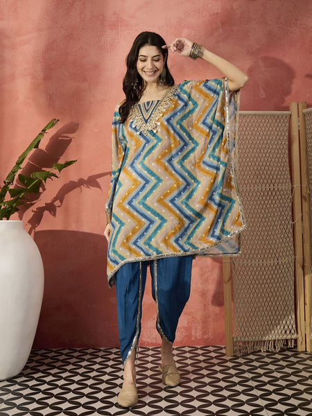 Blue Geometric Printed Yoke Design Mirror Work Kaftan Kurta With Dhoti Pants