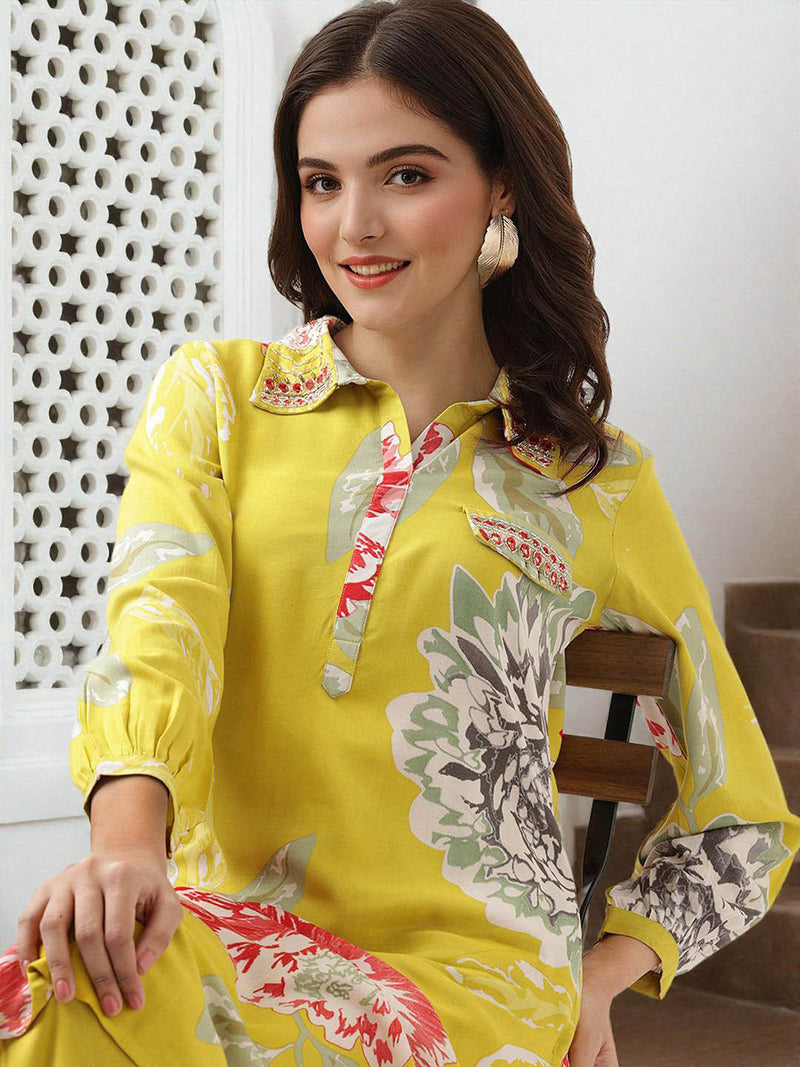 Floral Printed & Mirror Work Pathani Kurta With Trousers Kurta Set