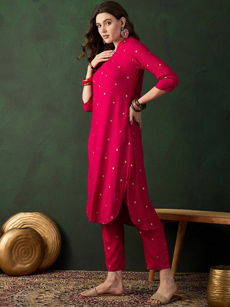 Pink Floral Printed V-Neck Straight Kurta With Trousers