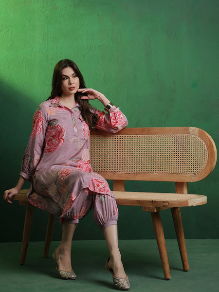 Floral Printed Shirt Collar Mirror Work Pathani Kurta & Trousers