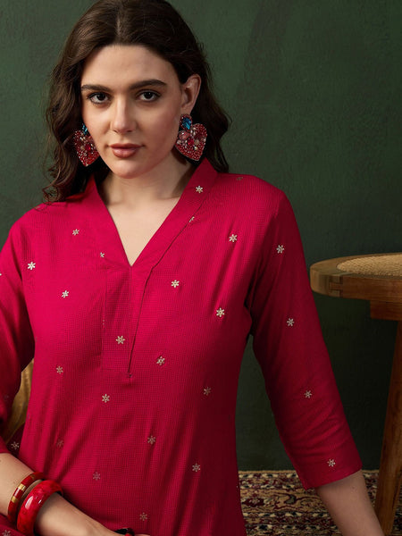 Pink Floral Printed V-Neck Straight Kurta With Trousers