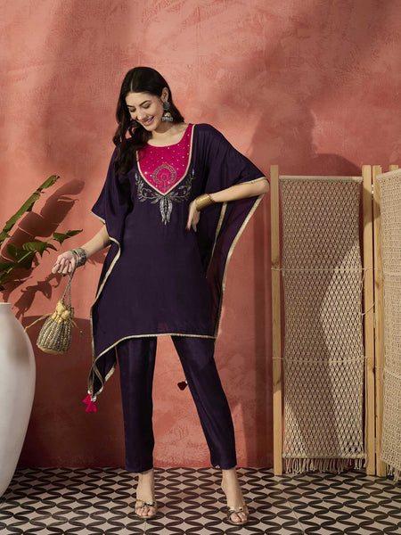 Burgundy Yoke Design Beads And Stones Round Neck Kaftan Kurta With Trousers