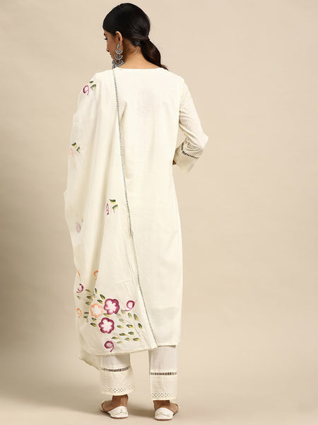 Off White Embroidered  Pure Cotton Kurta with Trousers & Dupatta