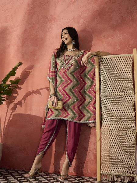 Chevron Printed Mirror Work V-Neck Kaftan Kurta Set