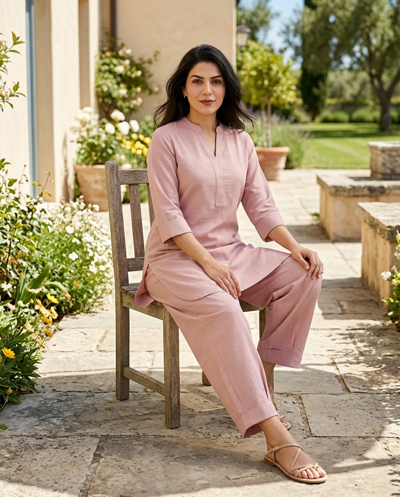 Coral Mandarin Collar Pure Cotton Tunic With Trousers Kurta Set