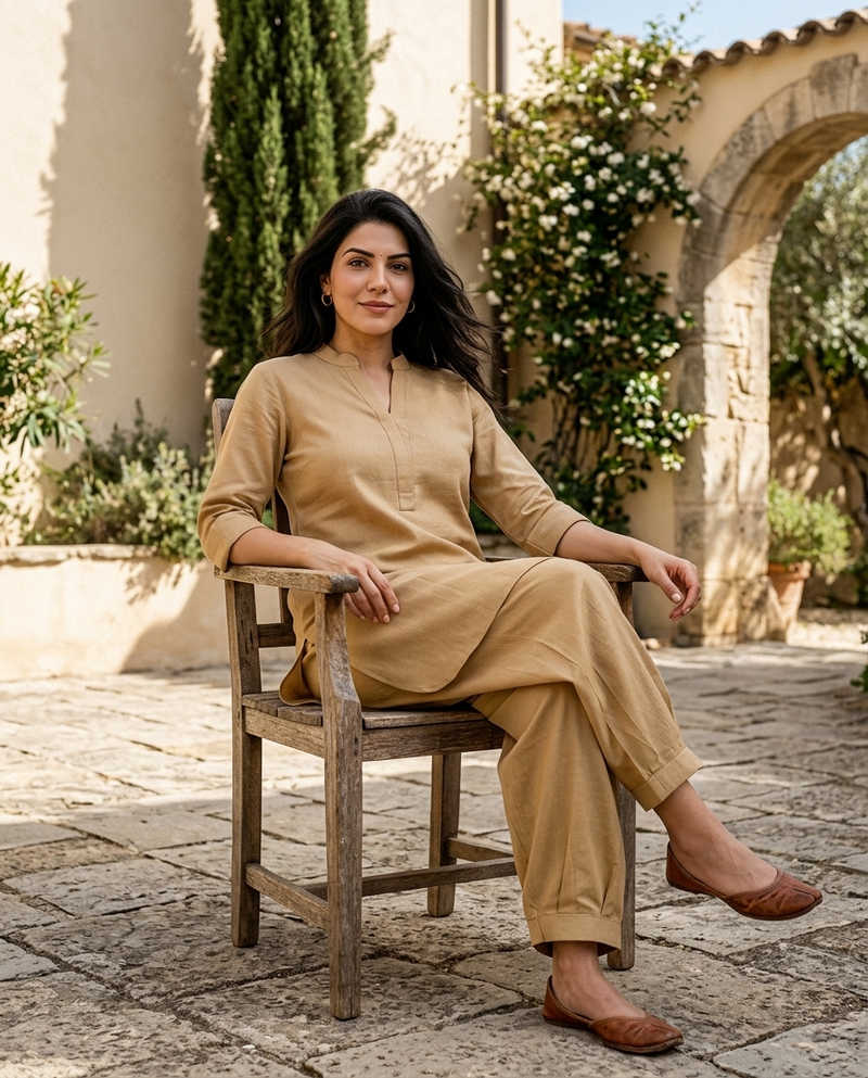 Beige Mandarin Collar Pure Cotton Tunic With Trousers Kurta Set