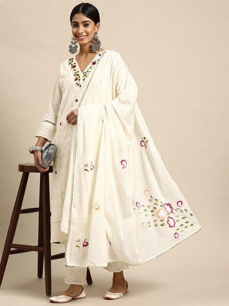 Off White Embroidered  Pure Cotton Kurta with Trousers & Dupatta