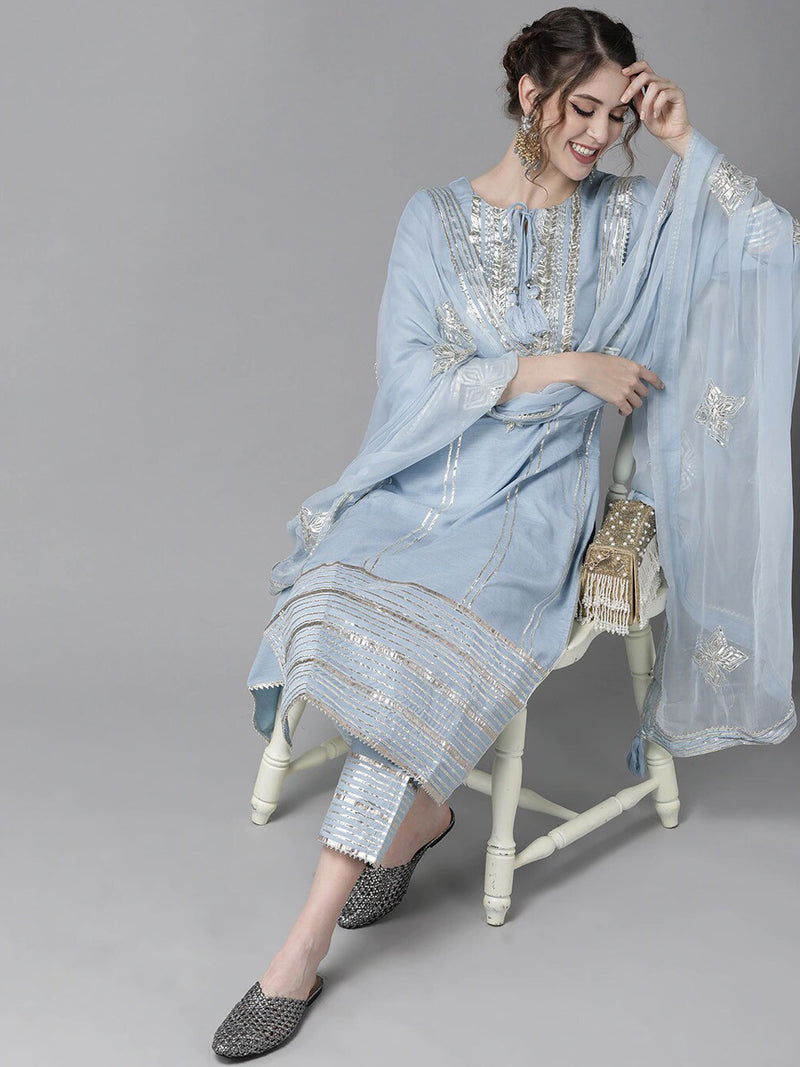 Powder Ethnic Motifs Embroidered Gotta Patti Kurta with Trousers & DupattaKurta Set