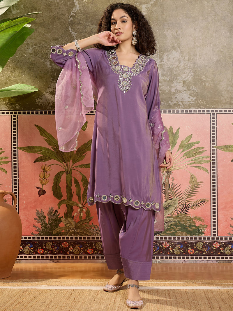Floral Embroidered Straight Kurta With Trouser & Dupatta Kurta Set