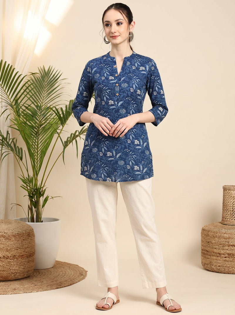 Indigo Blue Ethnic Motif Print Straight Short Kurtis