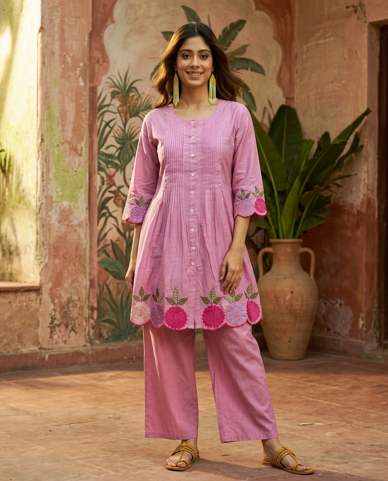 Floral Embroidered A-Line Kurta With Trouser Set