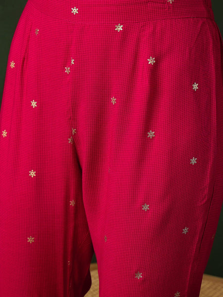 Pink Floral Printed V-Neck Straight Kurta With Trousers