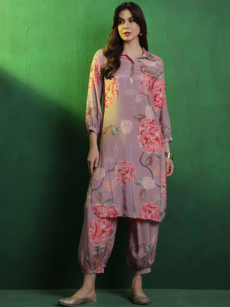 Floral Printed Shirt Collar Mirror Work Pathani Kurta & Trousers