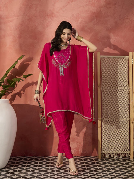 Floral Embroidered Round Neck Kaftan Kurta Set