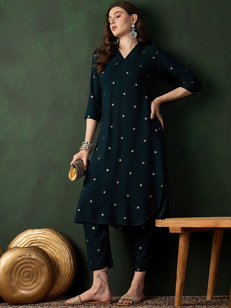 Teal Green Floral Printed V-Neck Straight Kurta With Trousers