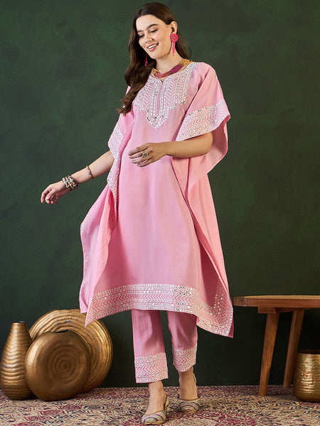 Pink Geometric Embroidered Mirror Work Roman Silk Kurta With Trouser