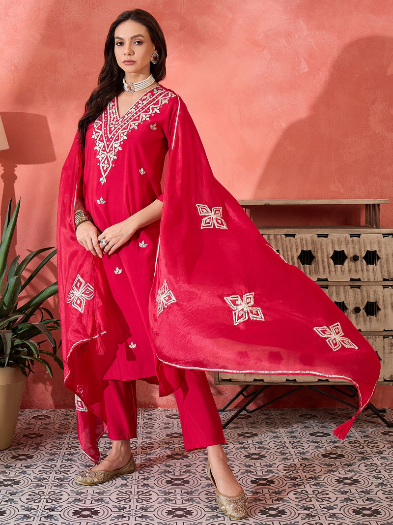 Red Embroidered Gotta Patti Kurta with Trousers & Dupatta Kurta Set