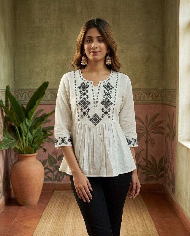 Off White Green Pure Cotton Ethnic Motifs Embroidered A-Line Short Kurti