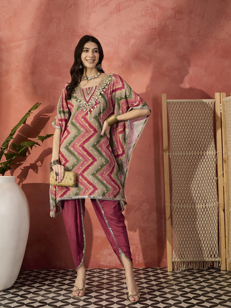 Chevron Printed Mirror Work V-Neck Kaftan Kurta Set