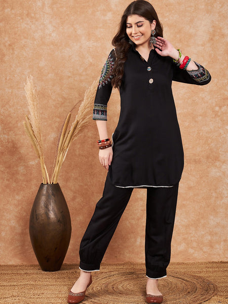 Black Ethnic Motifs Embroidered Pathani Kurta With Salwar