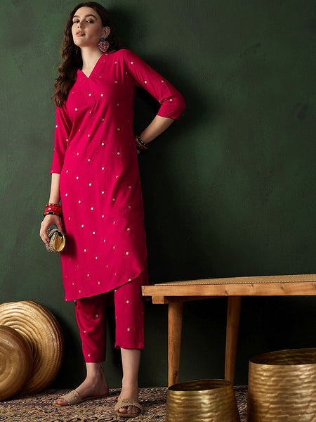 Pink Floral Printed V-Neck Straight Kurta With Trousers