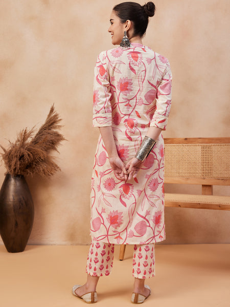Floral Printed & Sequinned Pure Cotton Kurta With Trousers