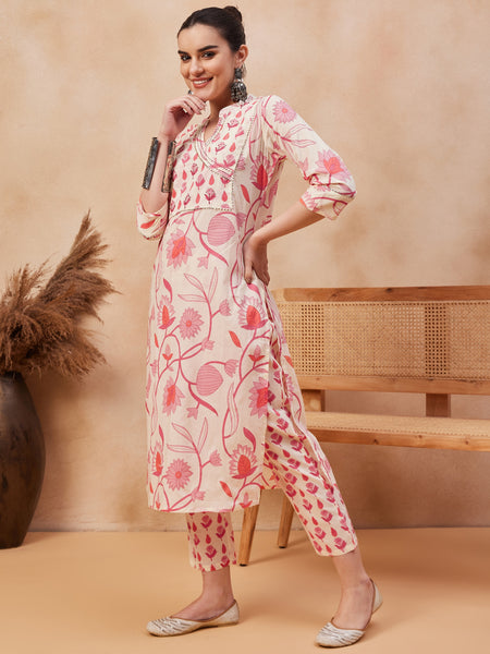 Floral Printed & Sequinned Pure Cotton Kurta With Trousers