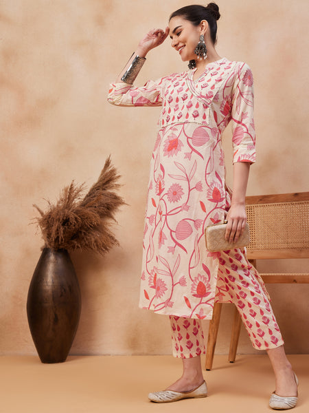 Floral Printed & Sequinned Pure Cotton Kurta With Trousers