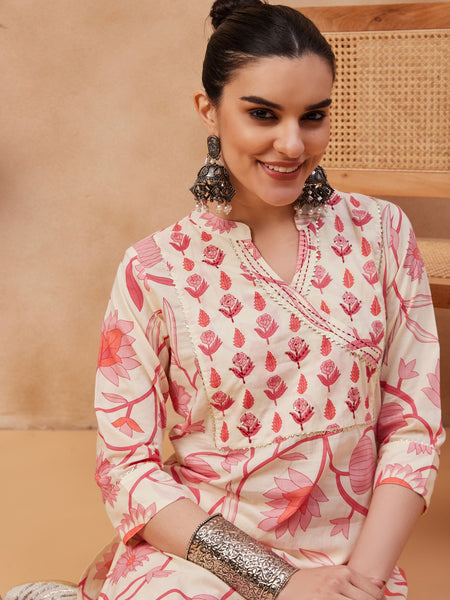 Floral Printed & Sequinned Pure Cotton Kurta With Trousers