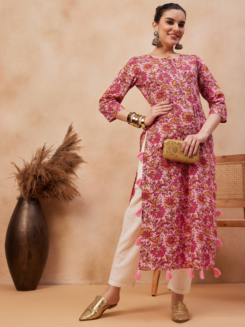 Floral Printed Round Neck Pure Cotton Straight Kurta