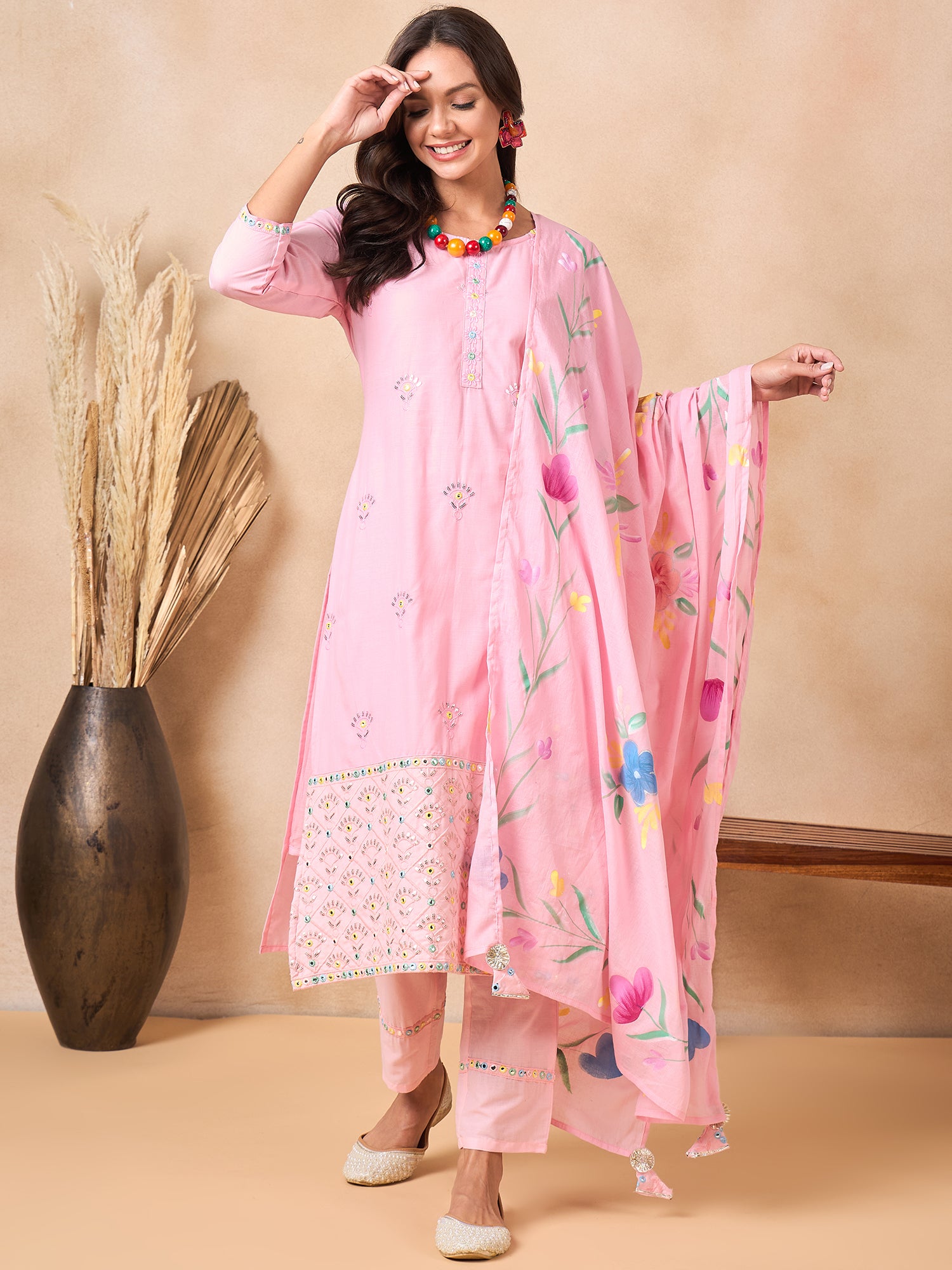 Women Floral embroidered Pure Cotton round_neck pink Kurta Trouser Set