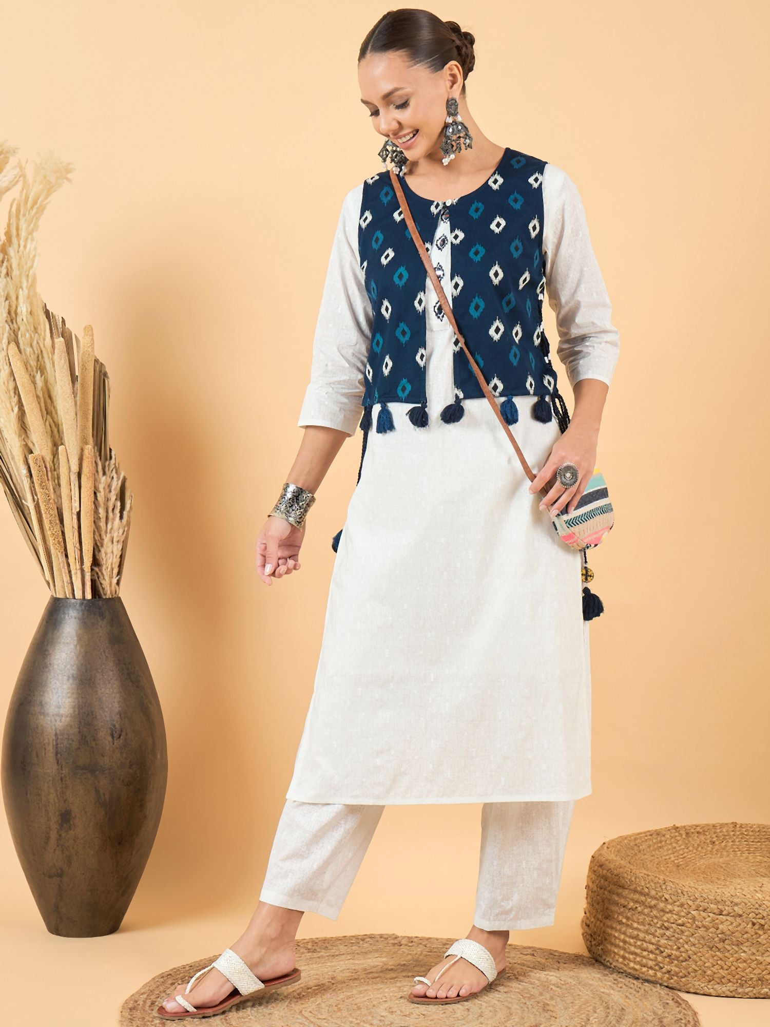 Sea Green  White Ethnic Motifs Printed Pure Cotton A Line Kurta