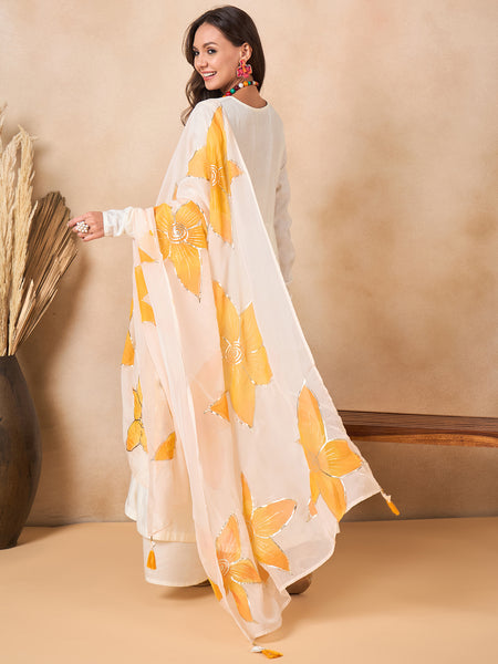 Off White Full Sleeve A-Line Kurta with Palazzos & Dupatta Kurta Set