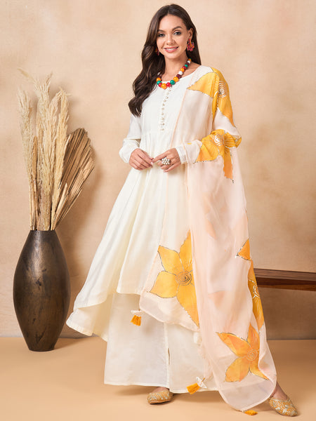 Off White Full Sleeve A-Line Kurta with Palazzos & Dupatta Kurta Set
