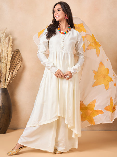 Off White Full Sleeve A-Line Kurta with Palazzos & Dupatta Kurta Set