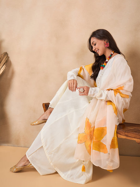 Off White Full Sleeve A-Line Kurta with Palazzos & Dupatta Kurta Set