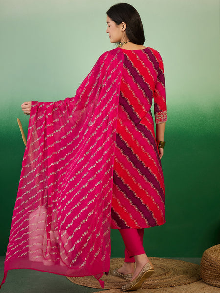 Leheriya Printed Thread Work  Straight Kurta with Trousers & Dupatta