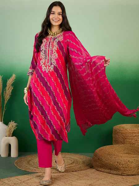 Leheriya Printed Thread Work  Straight Kurta with Trousers & Dupatta