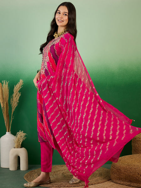 Leheriya Printed Thread Work  Straight Kurta with Trousers & Dupatta