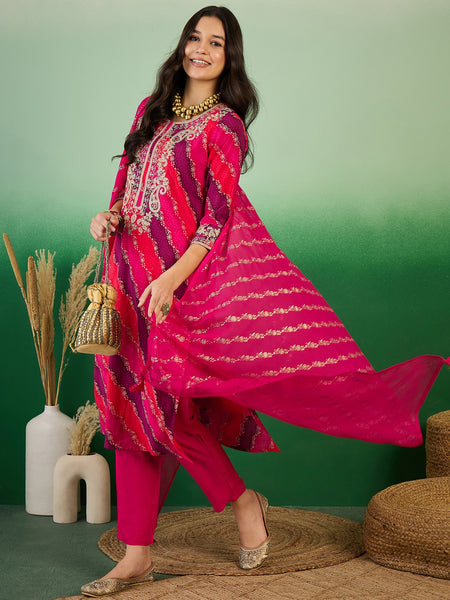 Leheriya Printed Thread Work  Straight Kurta with Trousers & Dupatta