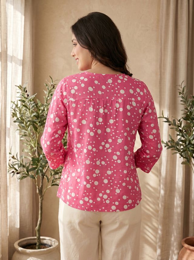 Pink Folka Dots Print Straight Kurtis