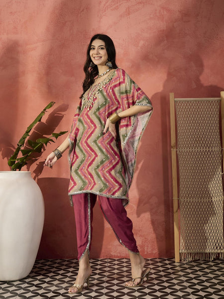 Chevron Printed Mirror Work V-Neck Kaftan Kurta Set