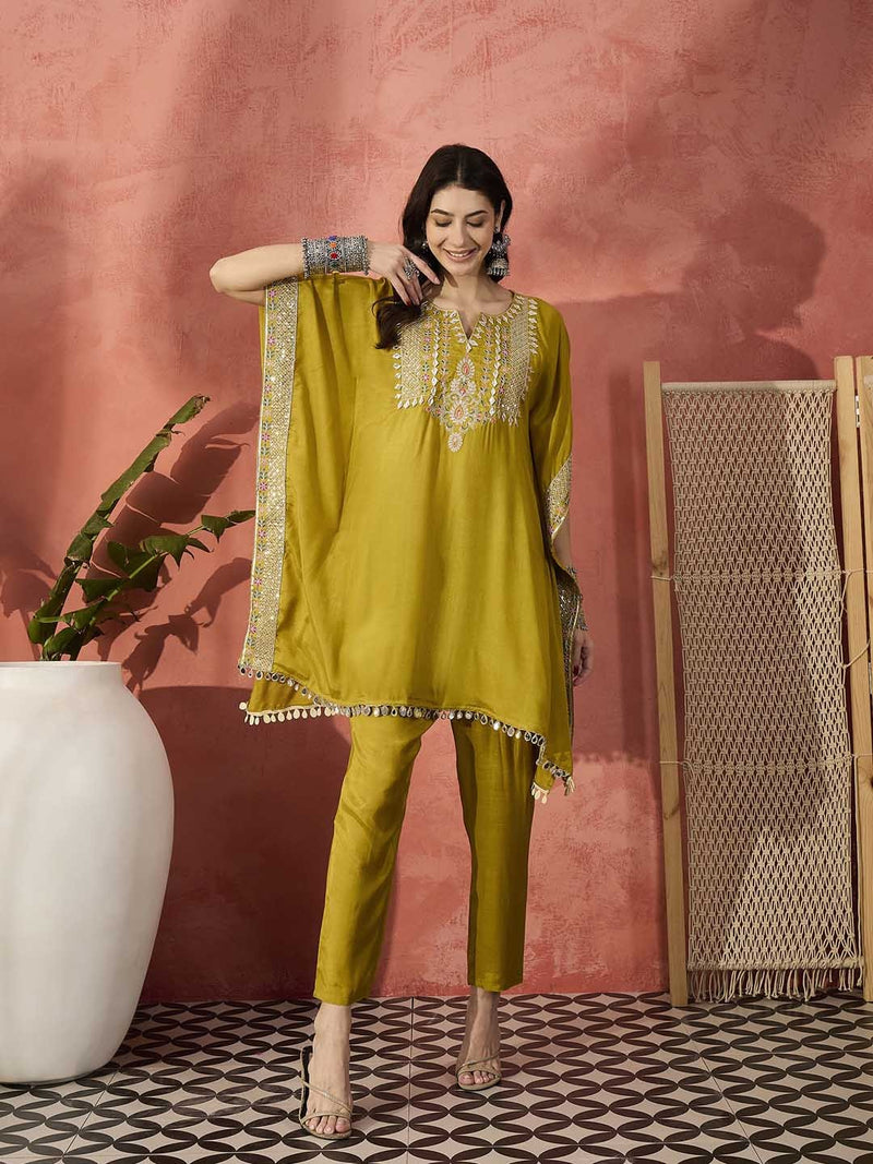 Green Embroidered Gotta Patti Notch Neck Pure Silk Kaftan Tunic With Trousers