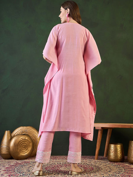 Pink Geometric Embroidered Mirror Work Roman Silk Kurta With Trouser